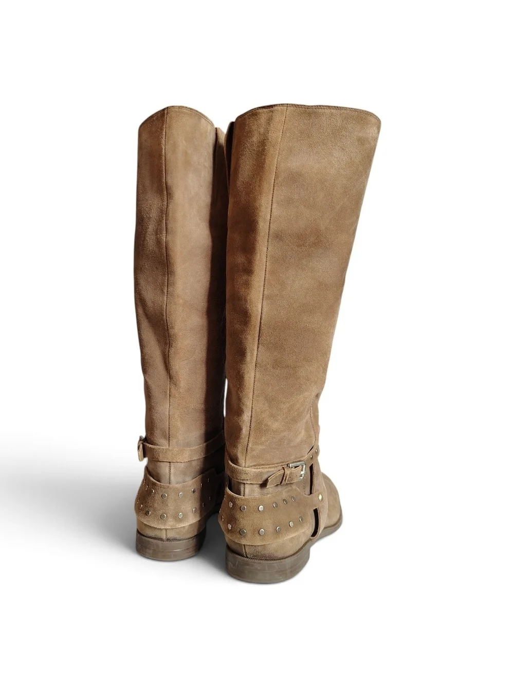 Nine West Luciana Tan Suede Studded Harness Riding Boots Women's Size 9
